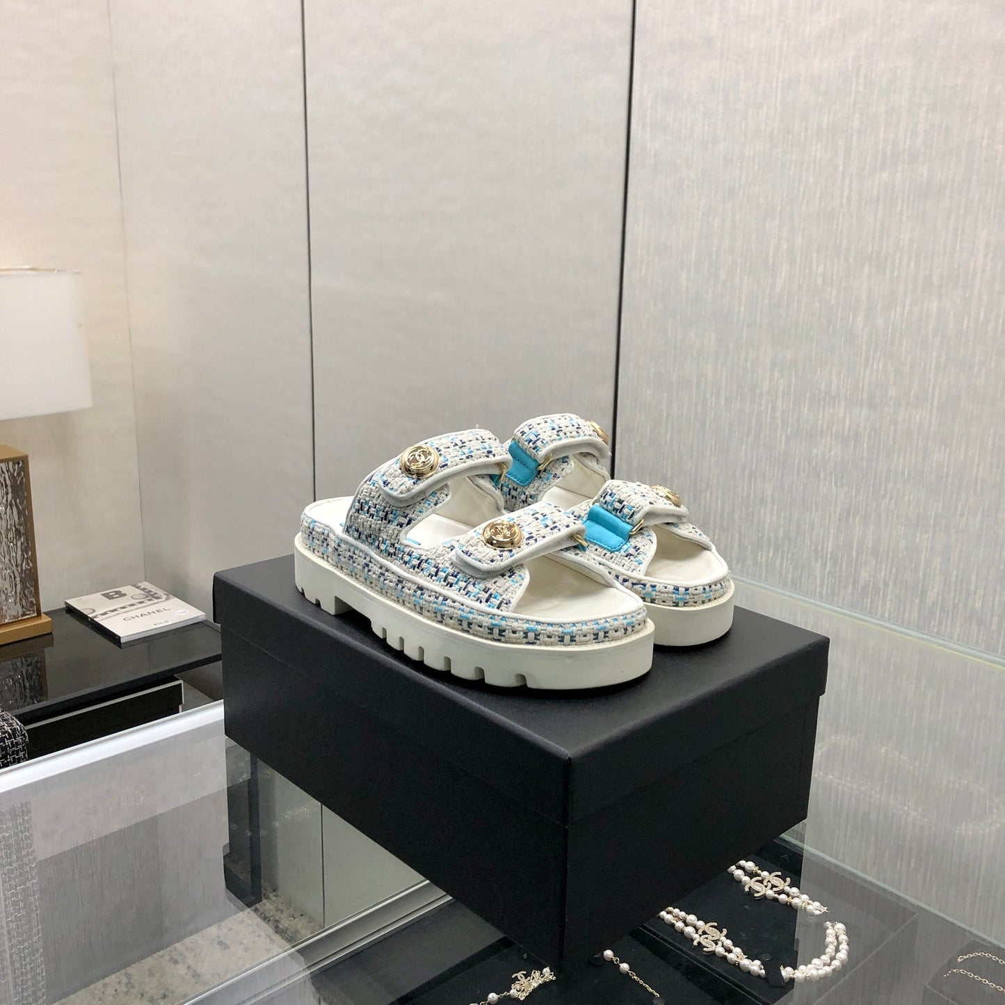 DAD SANDAL MULE IN WHITE MIX LIGHT BLUE TWEED FABRIC