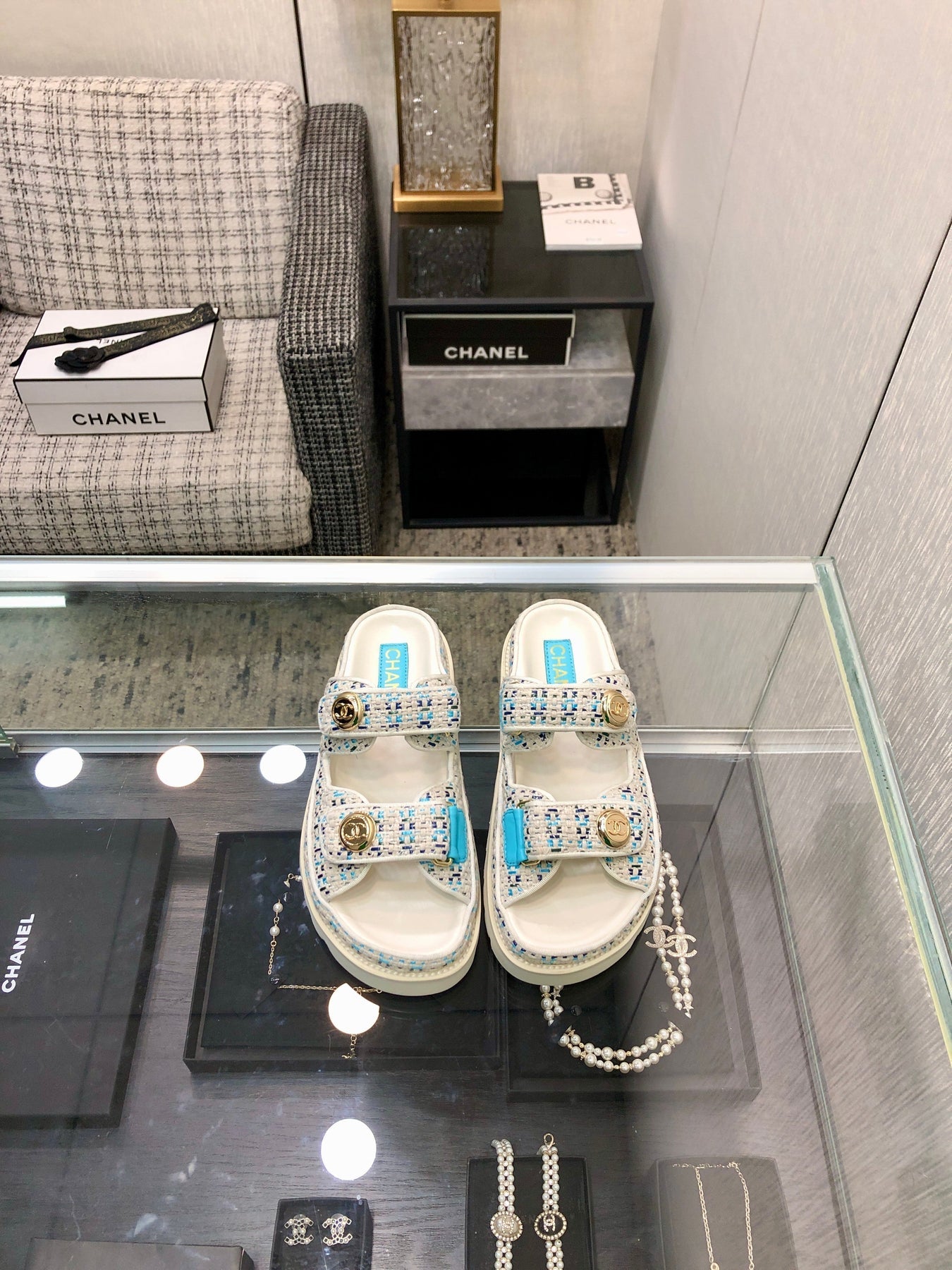 DAD SANDAL MULE IN WHITE MIX LIGHT BLUE TWEED FABRIC