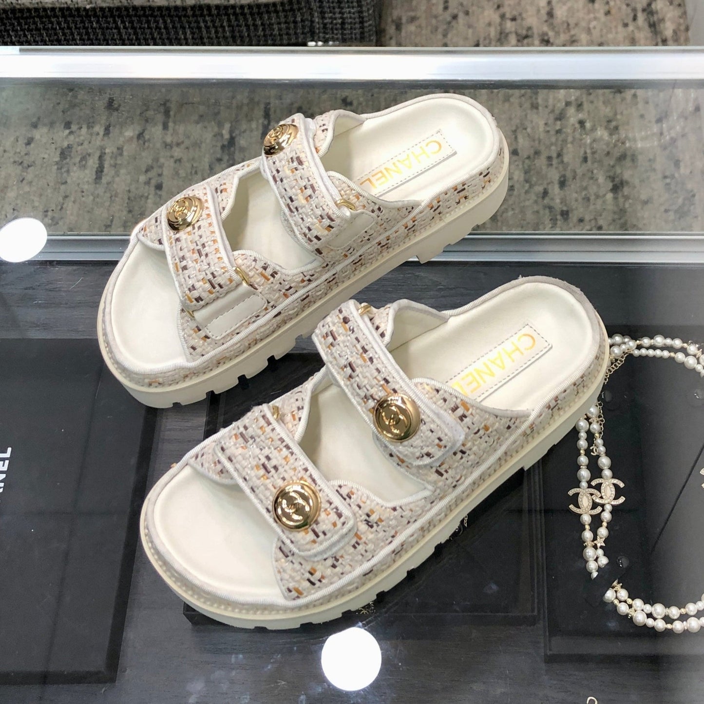 DAD SANDAL MULE IN WHITE MIX LIGHT GOLD TWEED FABRIC