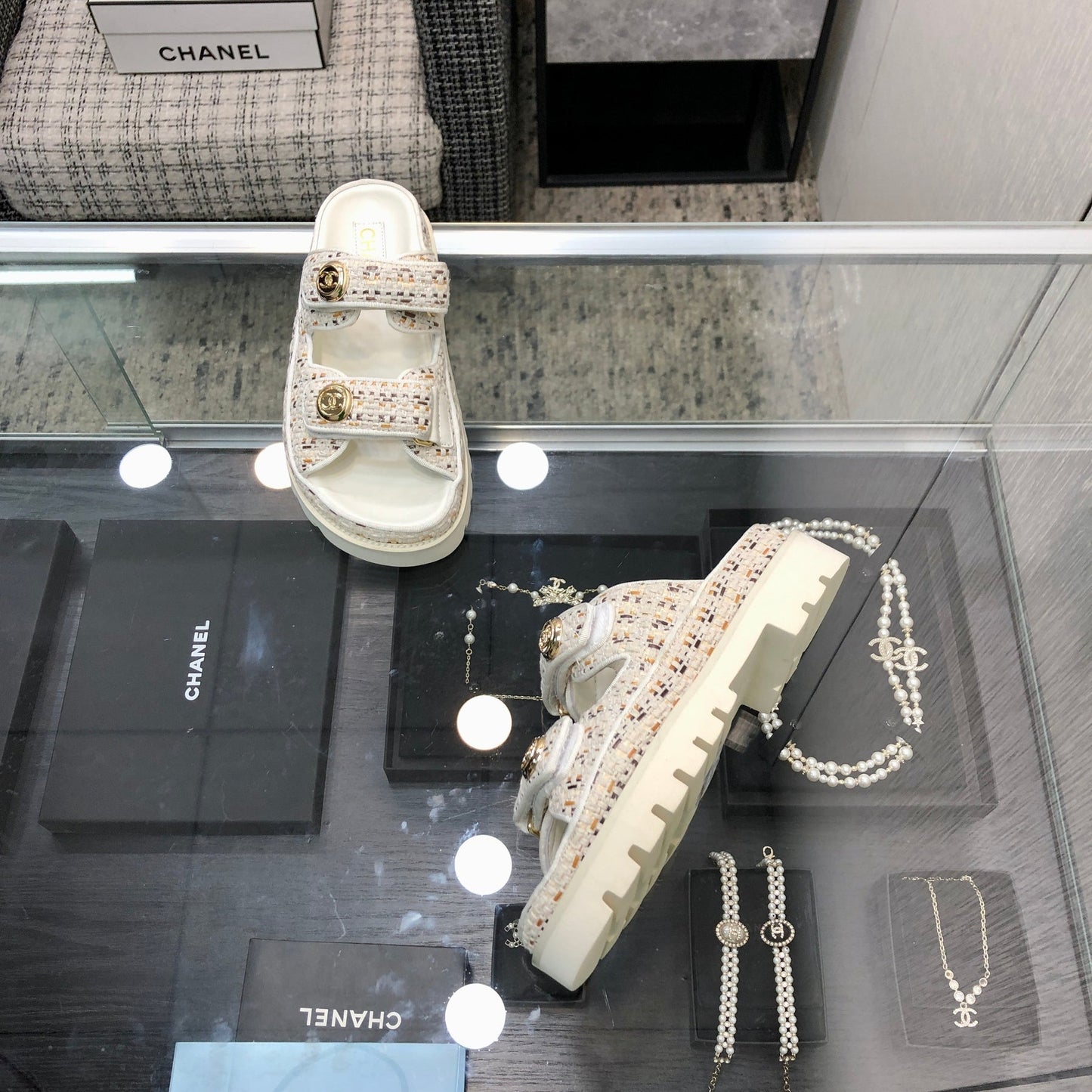 DAD SANDAL MULE IN WHITE MIX LIGHT GOLD TWEED FABRIC