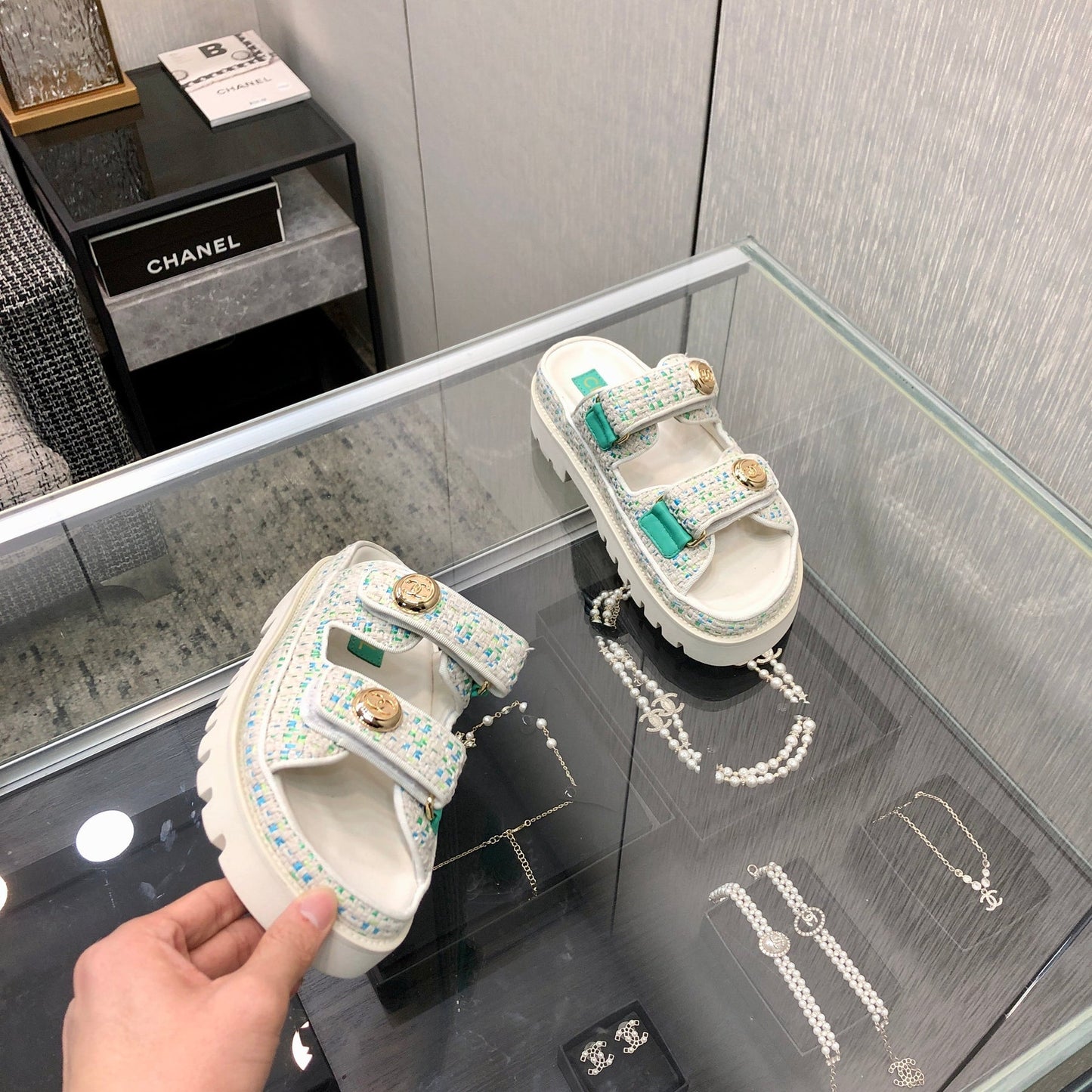 DAD SANDAL MULE IN WHITE MIX PERSIAN GREEN TWEED FABRIC