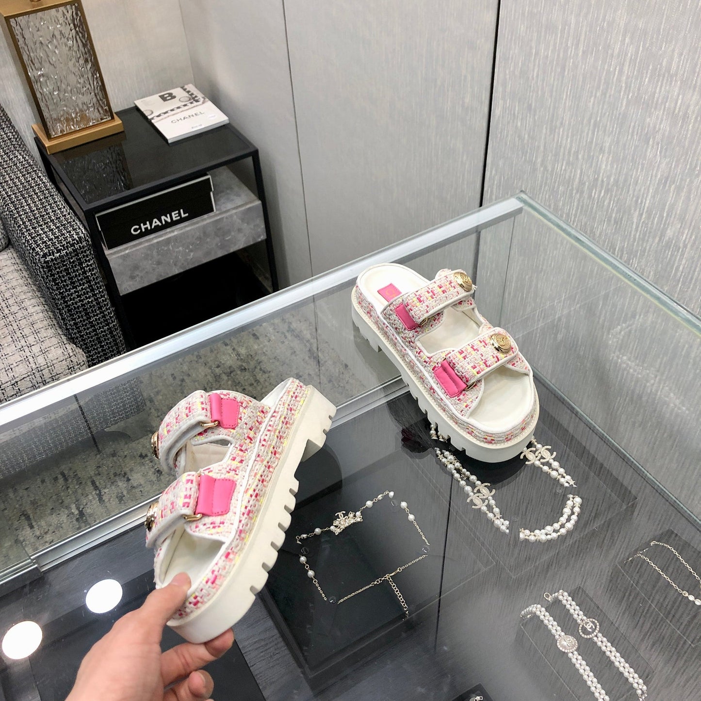 DAD SANDAL MULE IN WHITE MIX BRIGHT PINK TWEED FABRIC