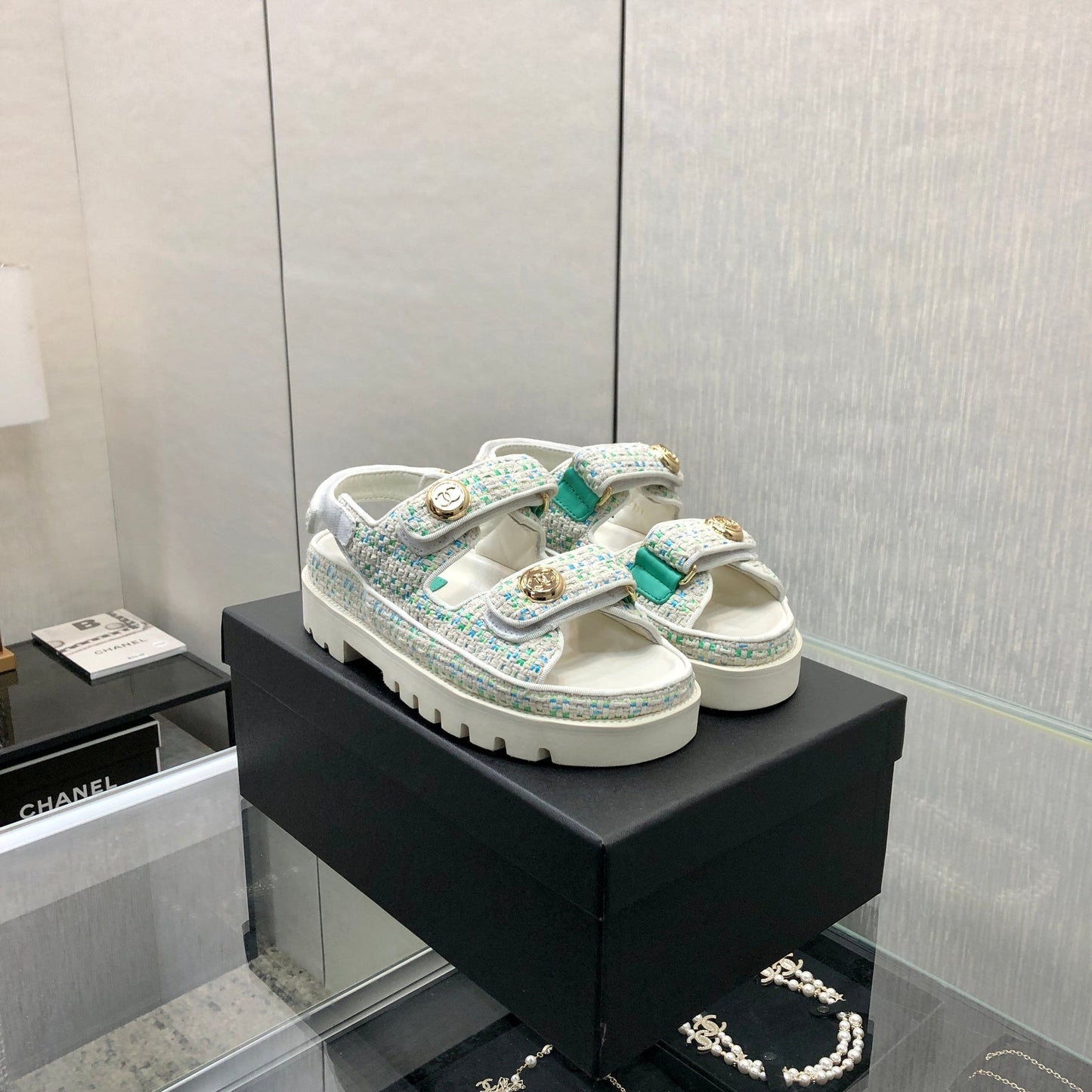 DAD SANDAL IN WHITE MIX PERSIAN GREEN TWEED FABRIC