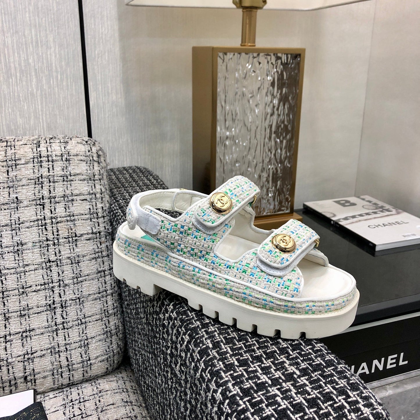 DAD SANDAL IN WHITE MIX PERSIAN GREEN TWEED FABRIC