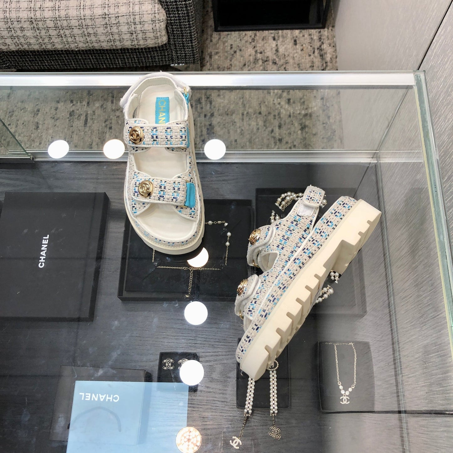 DAD SANDAL IN WHITE MIX LIGHT BLUE TWEED FABRIC