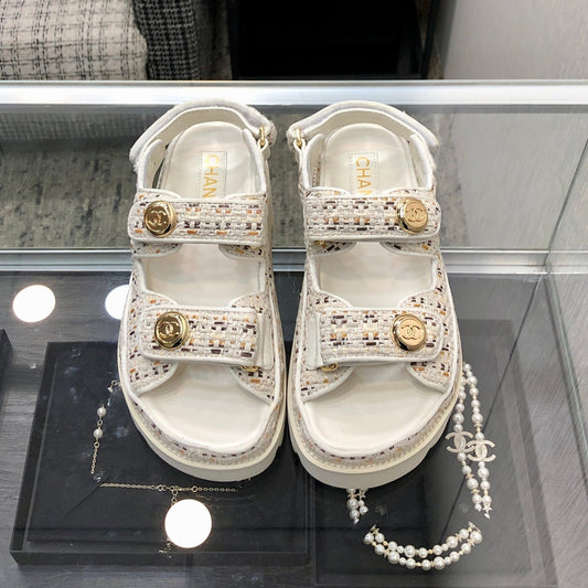 DAD SANDAL IN WHITE MIX LIGHT GOLD TWEED FABRIC