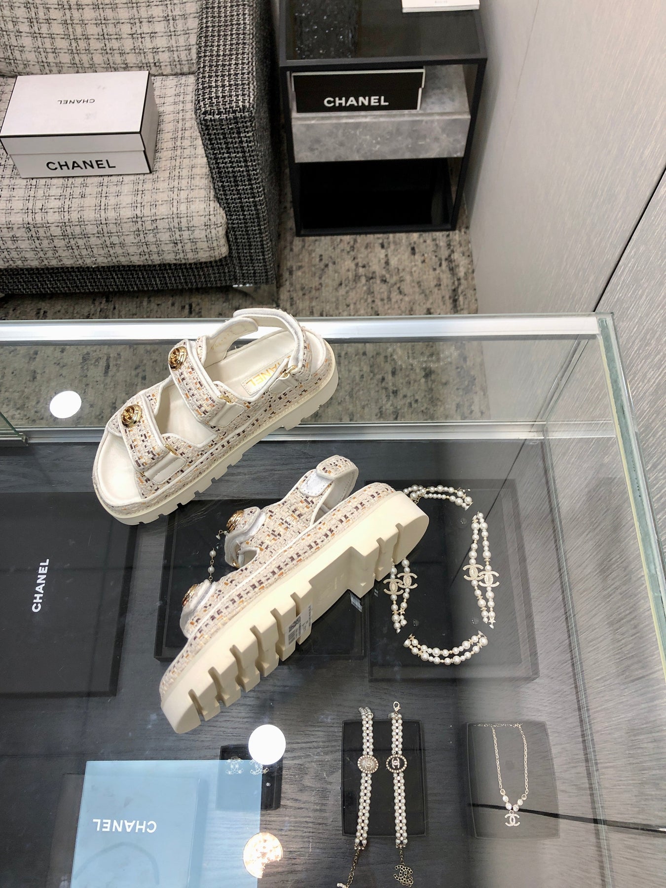 DAD SANDAL IN WHITE MIX LIGHT GOLD TWEED FABRIC