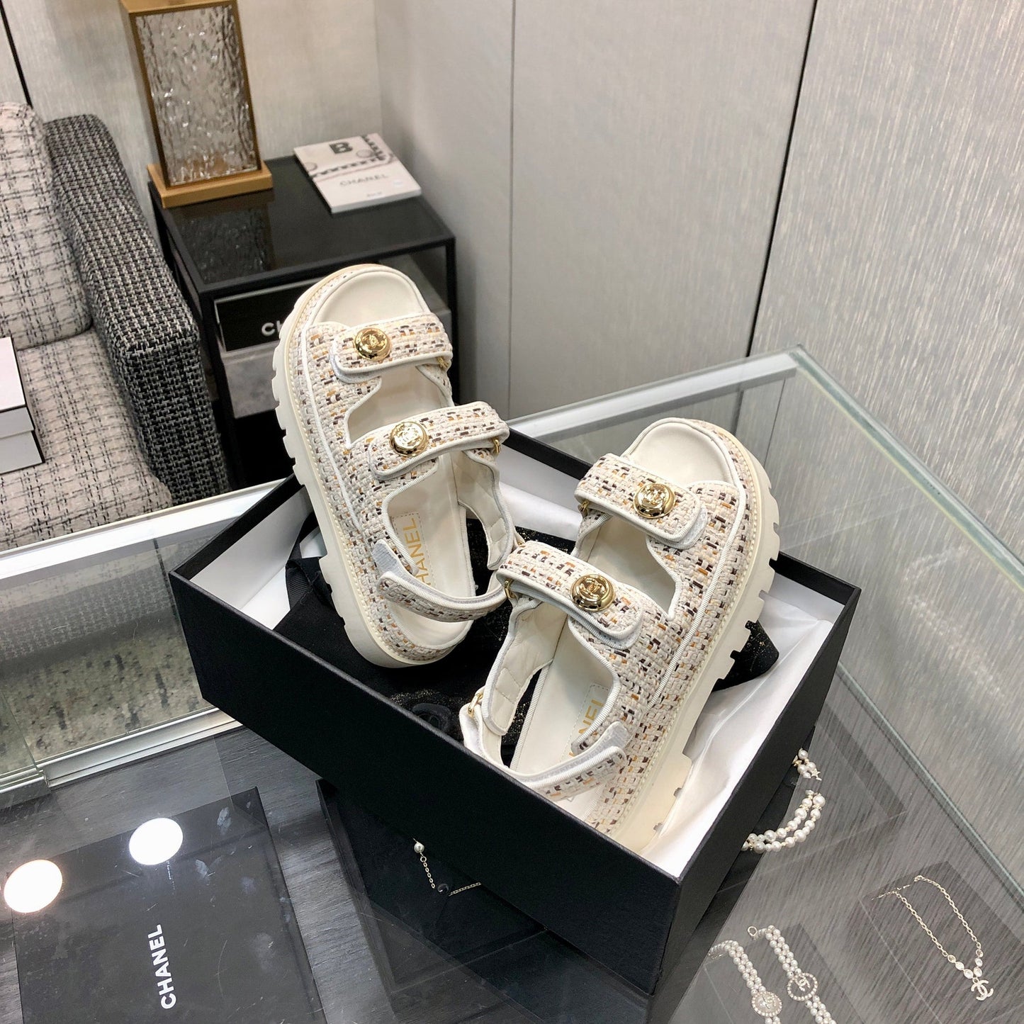 DAD SANDAL IN WHITE MIX LIGHT GOLD TWEED FABRIC