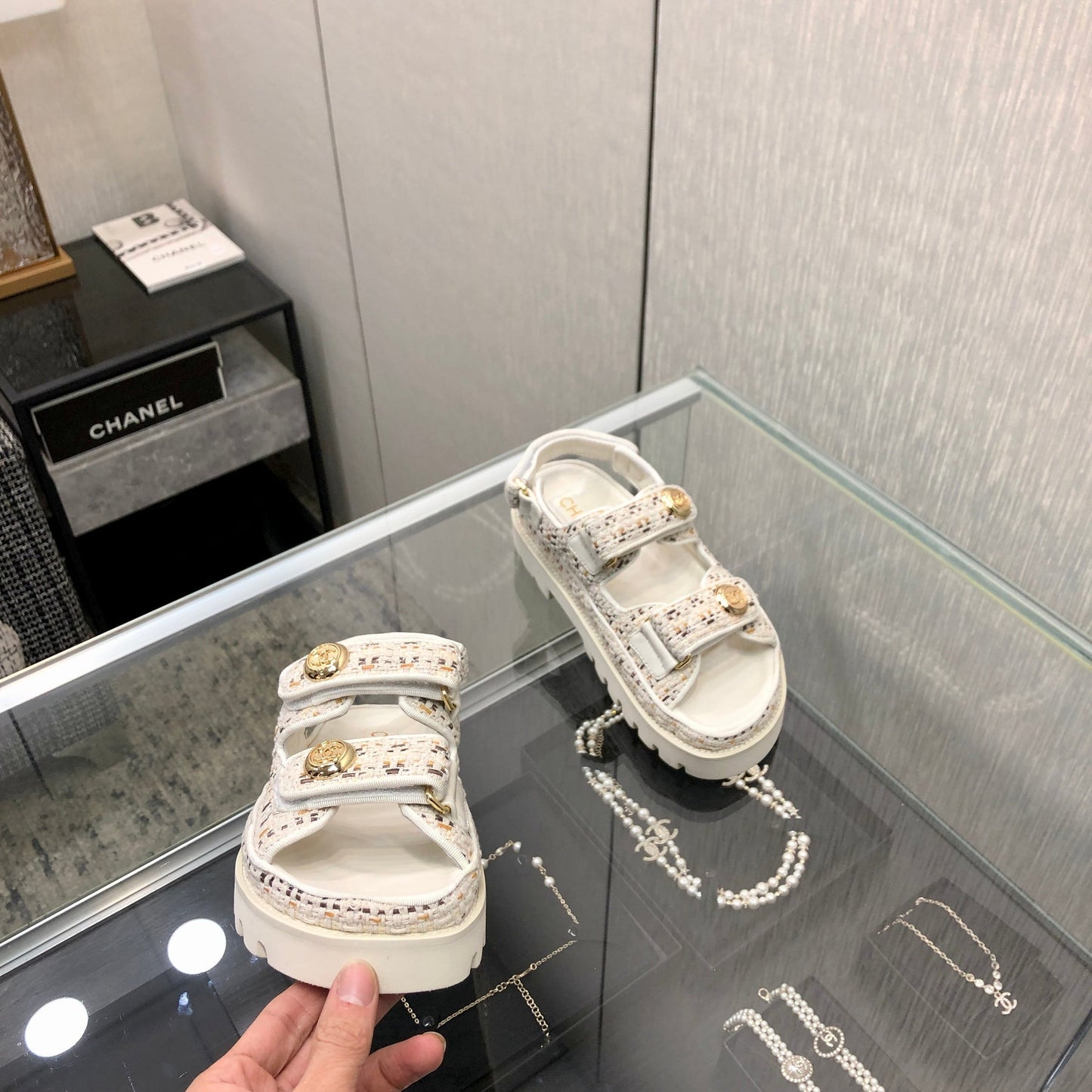 DAD SANDAL IN WHITE MIX LIGHT GOLD TWEED FABRIC