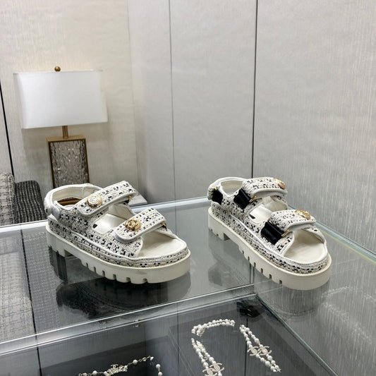 DAD SANDAL IN WHITE MIX BLACK TWEED FABRIC