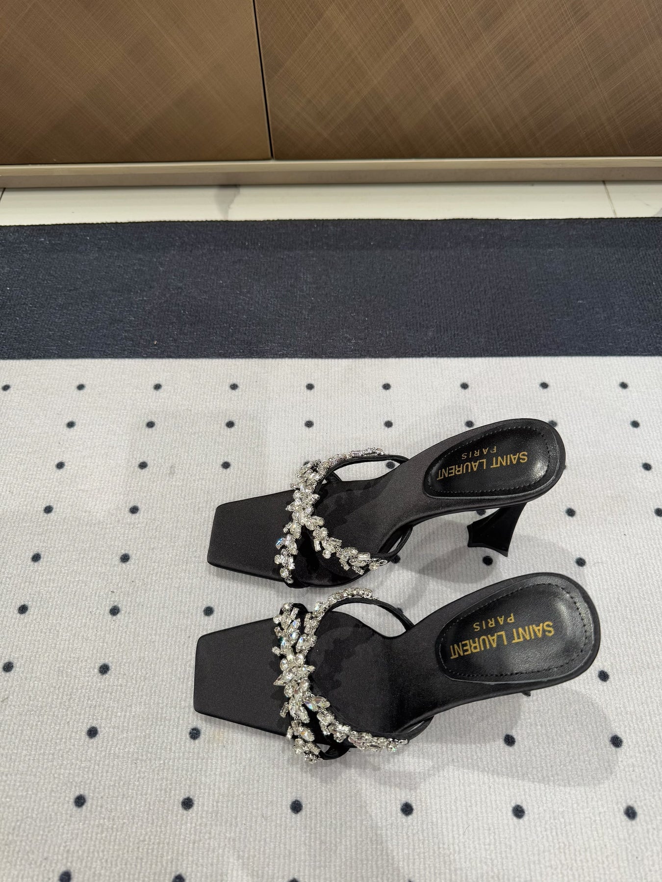 HIGH RHINESTONE CROSS STRAP MULES IN BLACK SILK