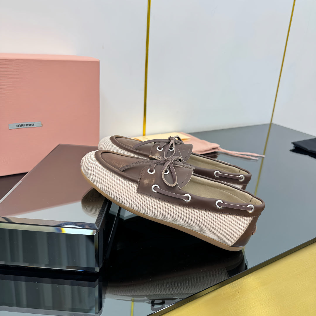 BOAT SHOES IN BROWN CALFSKIN AND BEIGE CANVAS