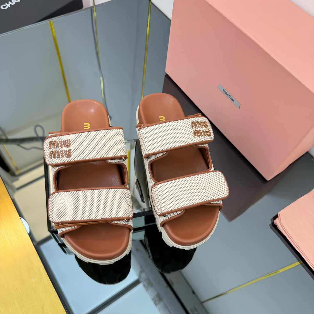 PLATFORM SANDALS IN BROWN EVA SOLE WHITE WITH BROWN POLKA DOTS