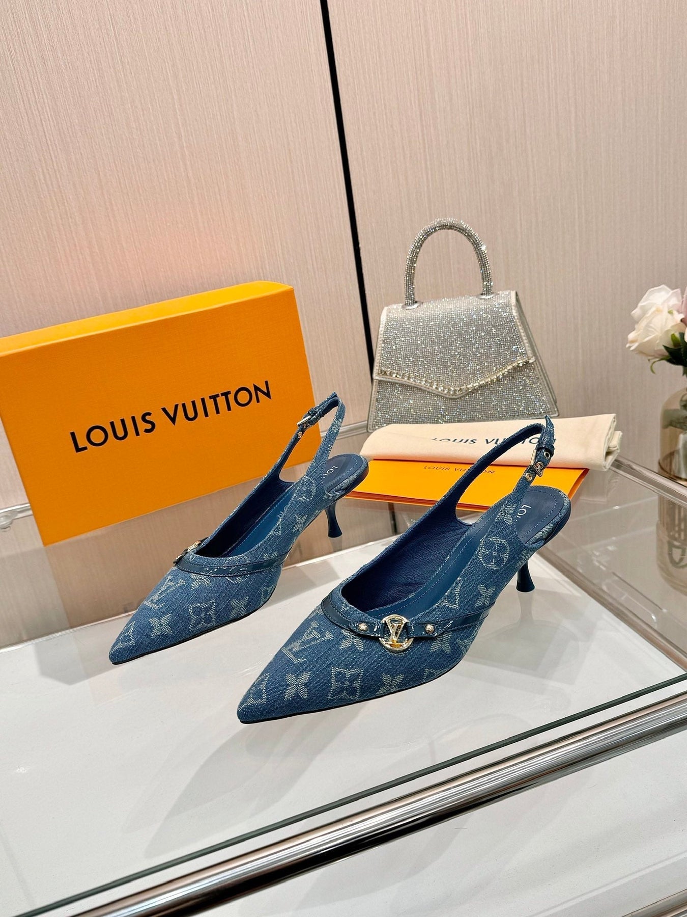 6AM SLINGBACK HIGH HEELS 55 MM IN CLASSIC BLUE MONOGRAM DENIM