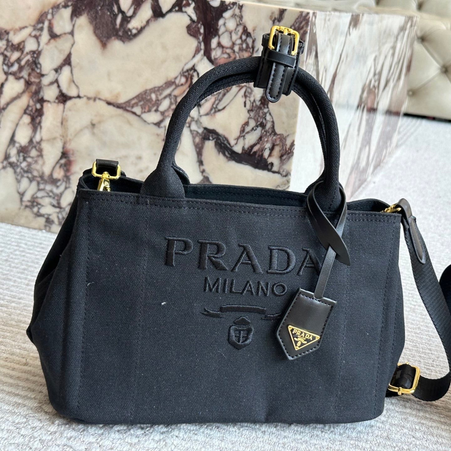 EMBROIDED LOGO SMALL HANDBAG 22 IN BLACK LINEN BLEND