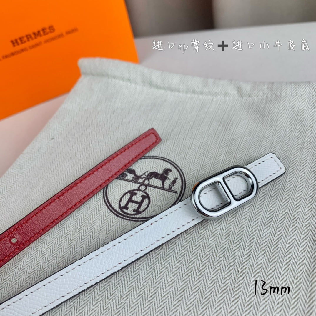 HM MAILLON H BELT BUCKLE & REVERSIBLE WHITE LEATHER STRAP 13 MM SILVER HARDWARE