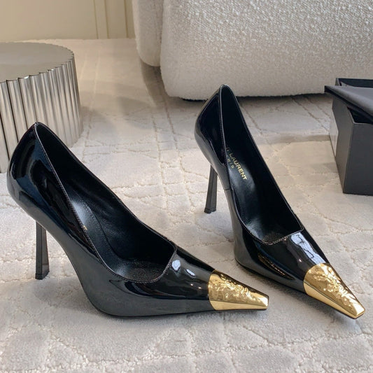 HIGH HEEL 10 CM PUMP IN BLACK PATENT CALFSKIN WITH GOLD HARDWARE