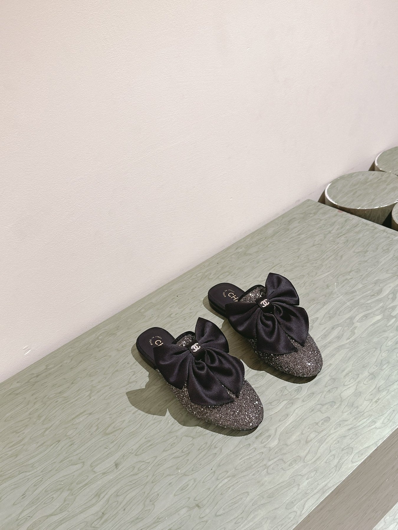 CC JEWELED MULE WITH SILK BOW AND BLACK LAMBSKIN