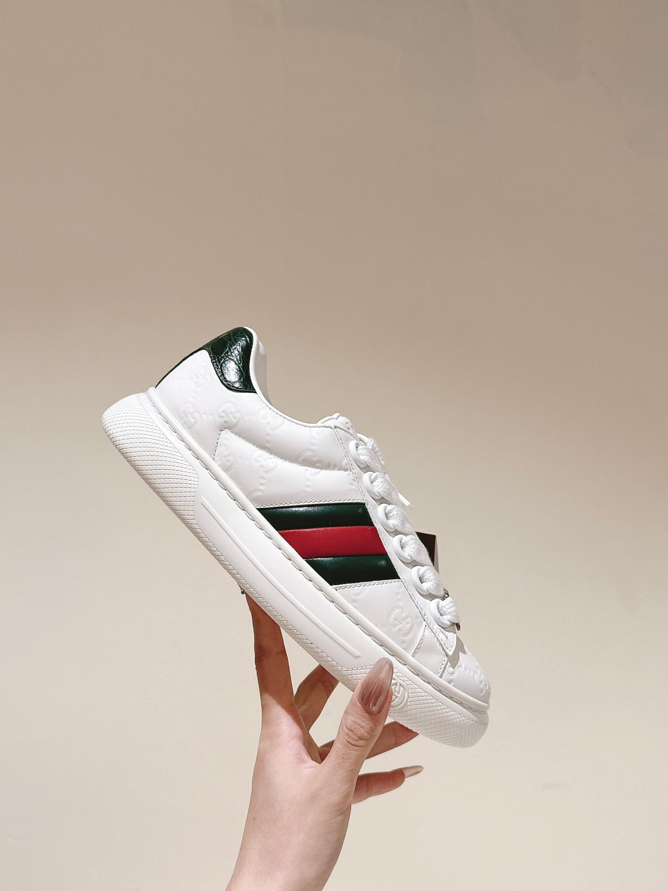 GG ACE SNEAKER WITH WEB IN WHITE EMBOSSED CALFSKIN