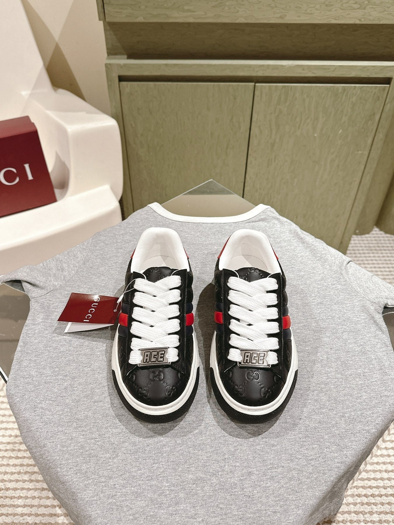 GG ACE SNEAKER WITH WEB IN BLACK EMBOSSED CALFSKIN