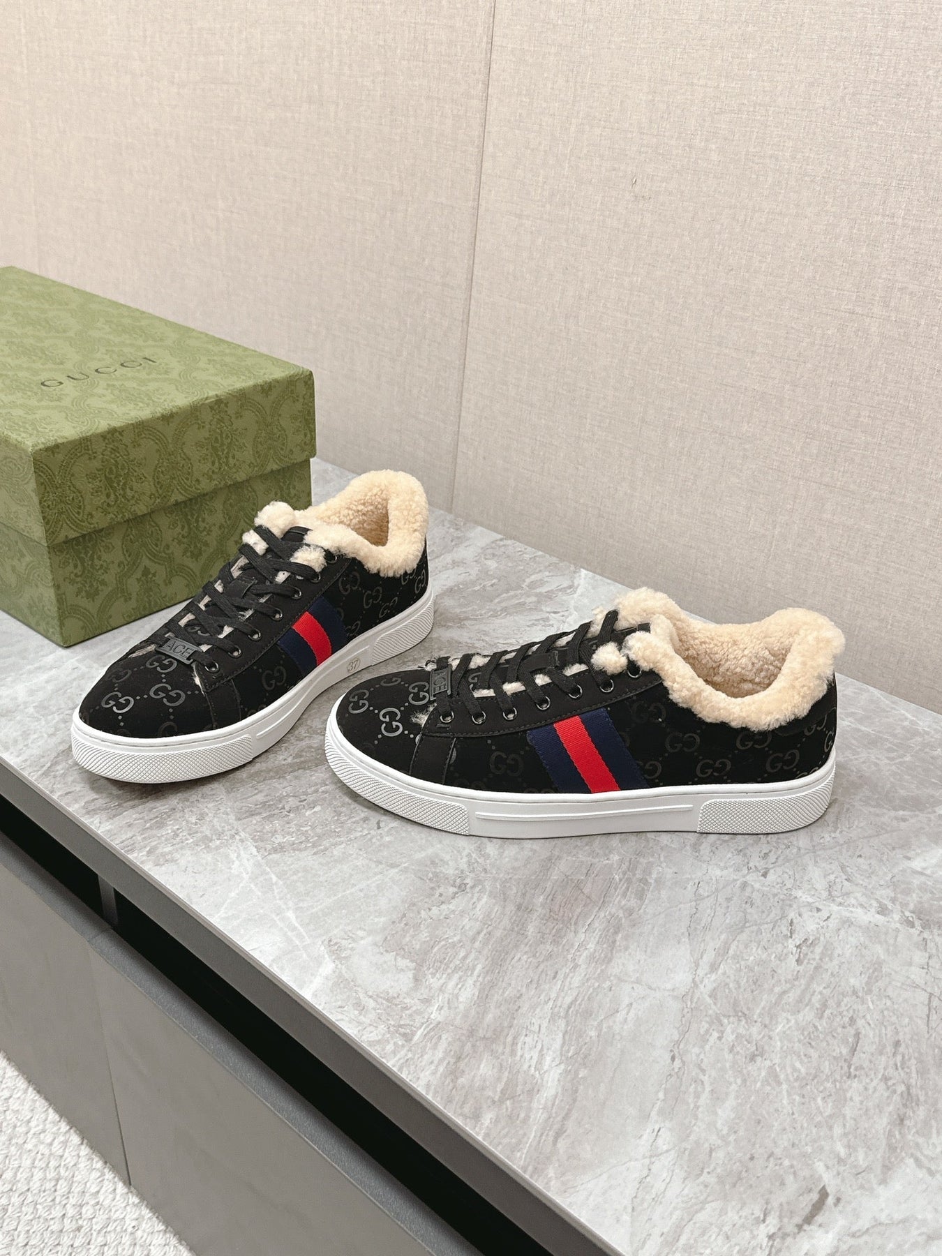 GG ACE SNEAKER WITH WEB IN BLACK EMBOSSED SUEDE AND WOOL LINING