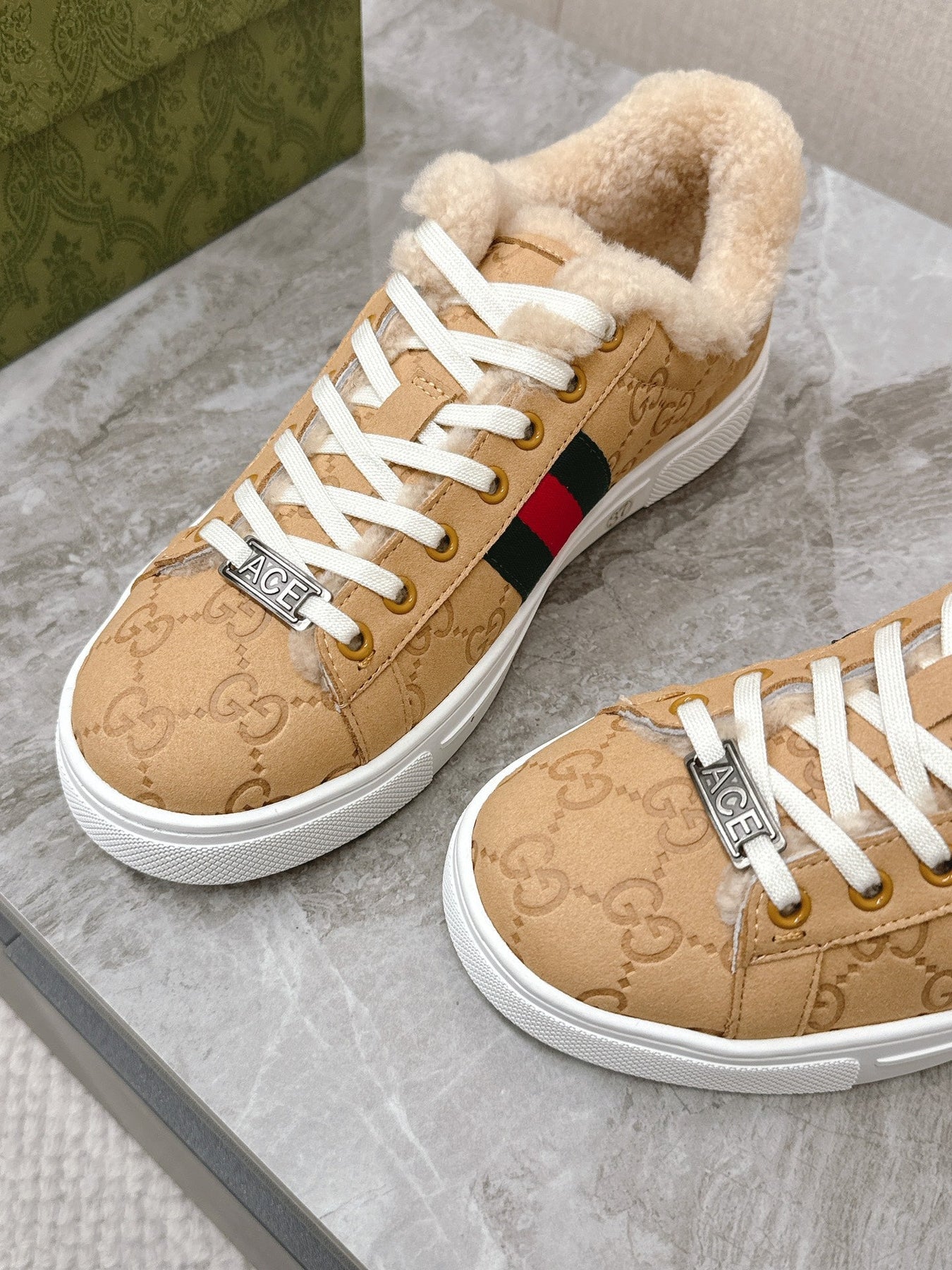 GG ACE SNEAKER WITH WEB IN BEIGE EMBOSSED SUEDE AND WOOL LINING