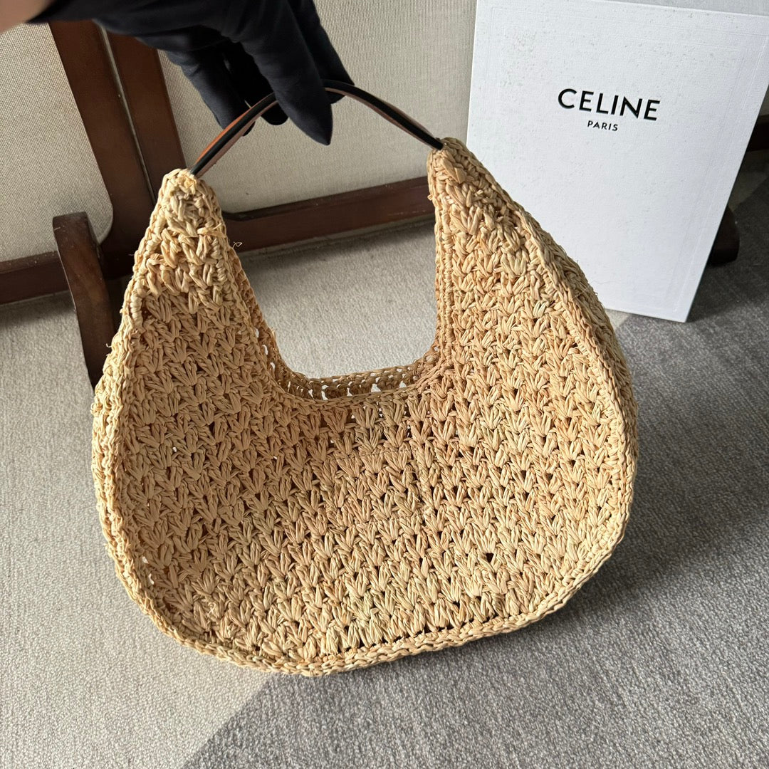 CELINE PANIER HOBO BAG 33 IN RAFFIA AND CALFSKIN LOGO BROWN