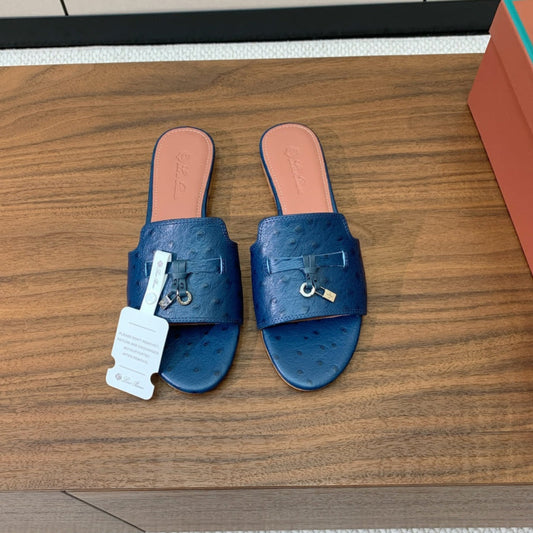 FLAT SLIPPERS IN NAVY BLUE LAMBSKIN OSTRICH SKIN