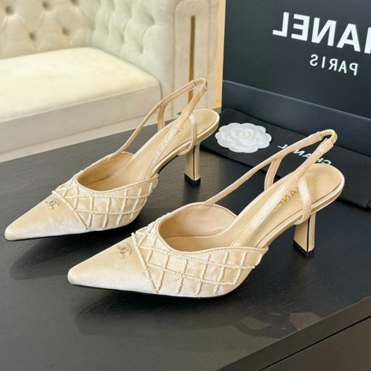 POINTED SLINGBACK MID HEELS BEIGE CREAM LAMBSKIN