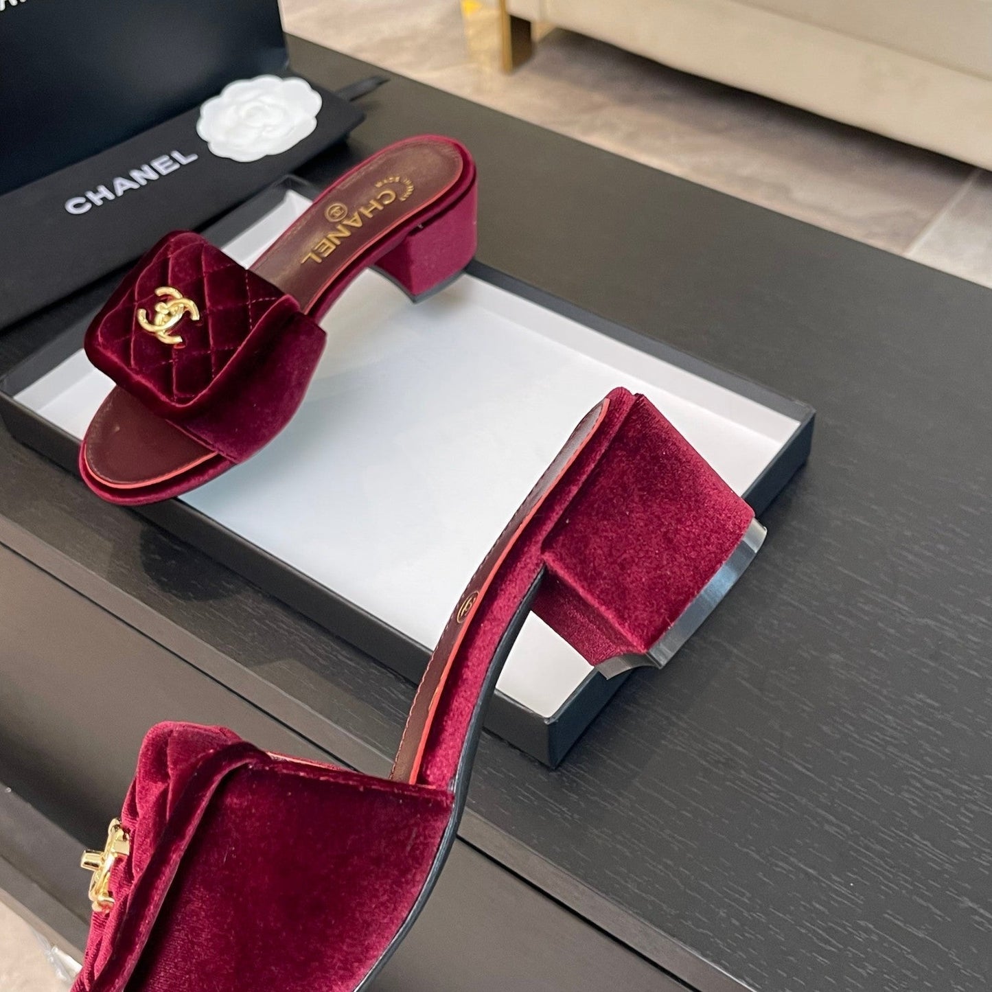 MID-HEEL 5 CM MULE IN BURGUNDY RED VELVET