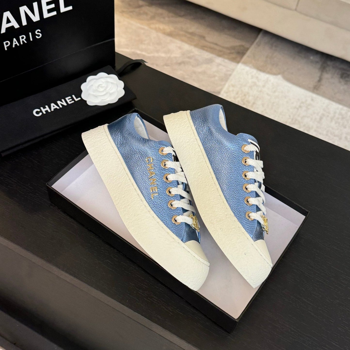 BIG-HEAD COOKIE SHOES IN TEAL BLUE MIX WHITE LAMBSKIN