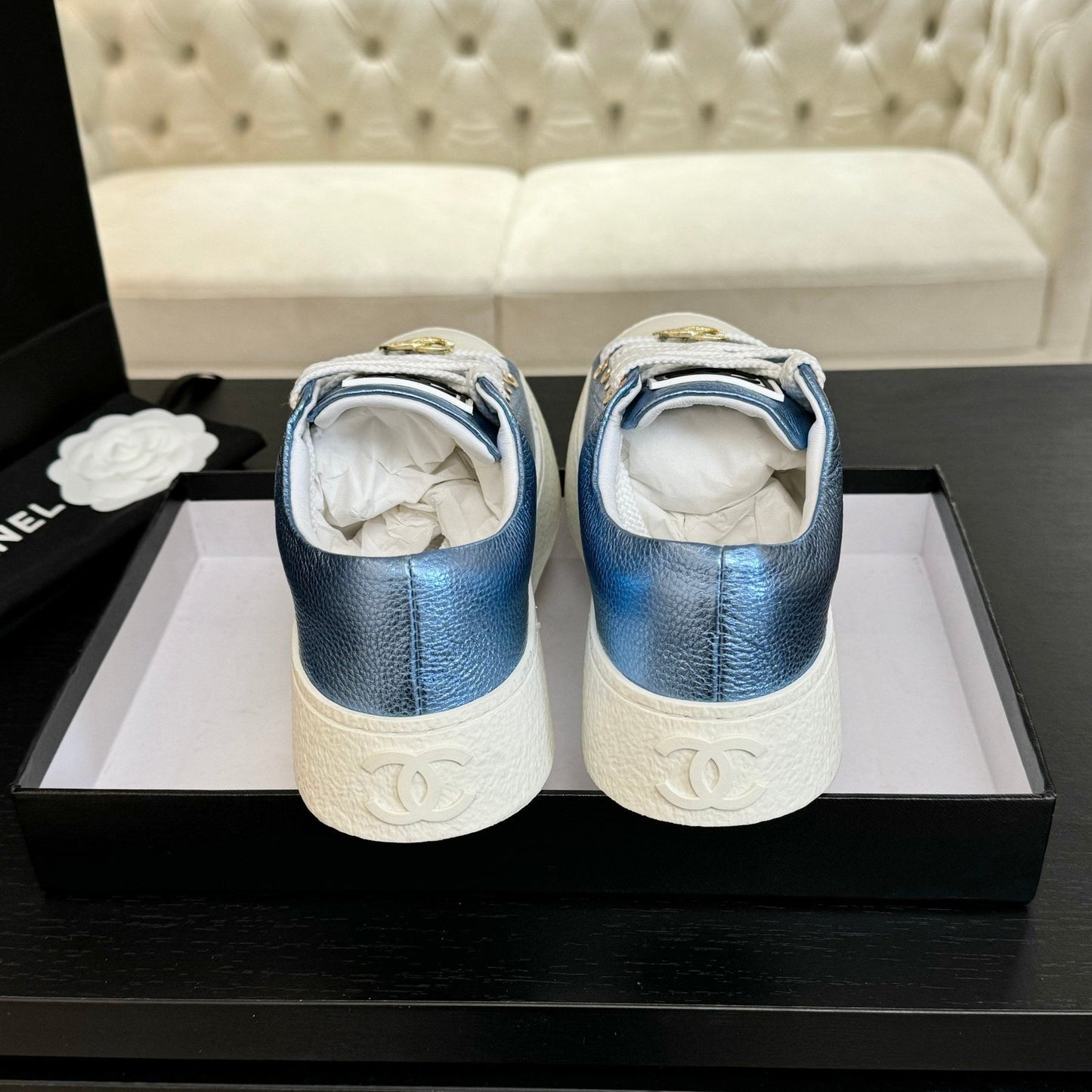 BIG-HEAD COOKIE SHOES IN TEAL BLUE MIX WHITE LAMBSKIN