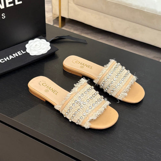 FLAT SANDALS BEIGE MIX LIGHT ORANGE WITH CRYSTALS