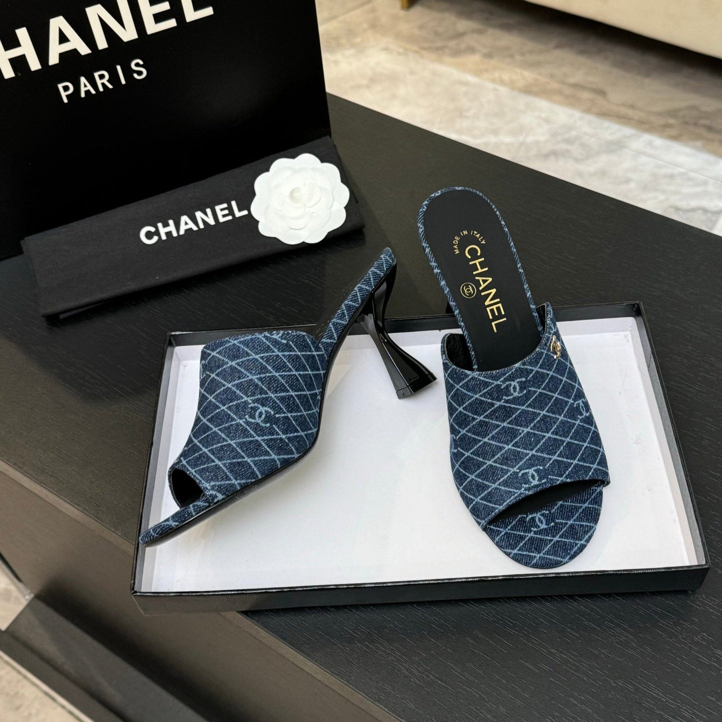 PEEP TOE MULE 85MM IN BLUE DENIM CHECKERED AND LOGO