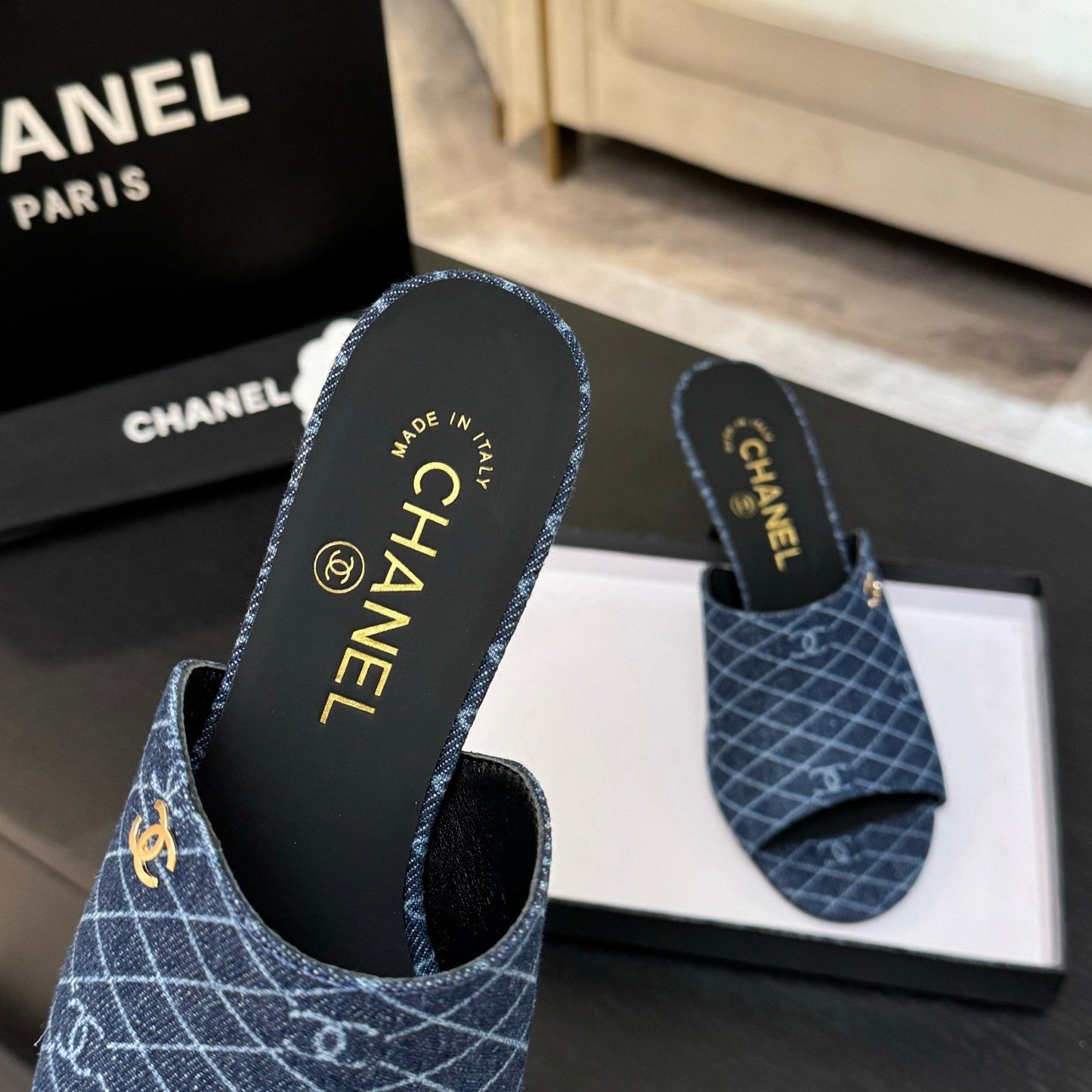 PEEP TOE MULE 85MM IN BLUE DENIM CHECKERED AND LOGO