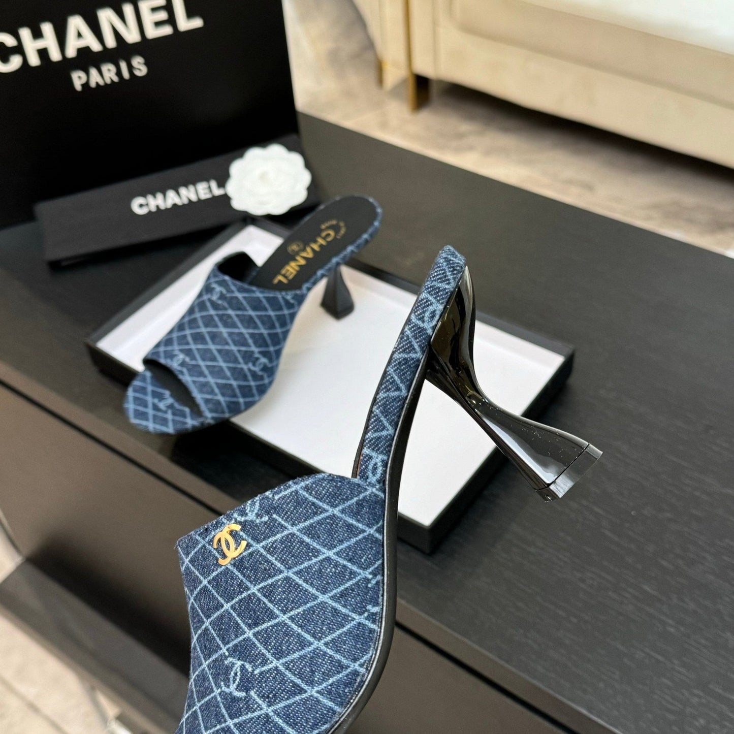 PEEP TOE MULE 85MM IN BLUE DENIM CHECKERED AND LOGO