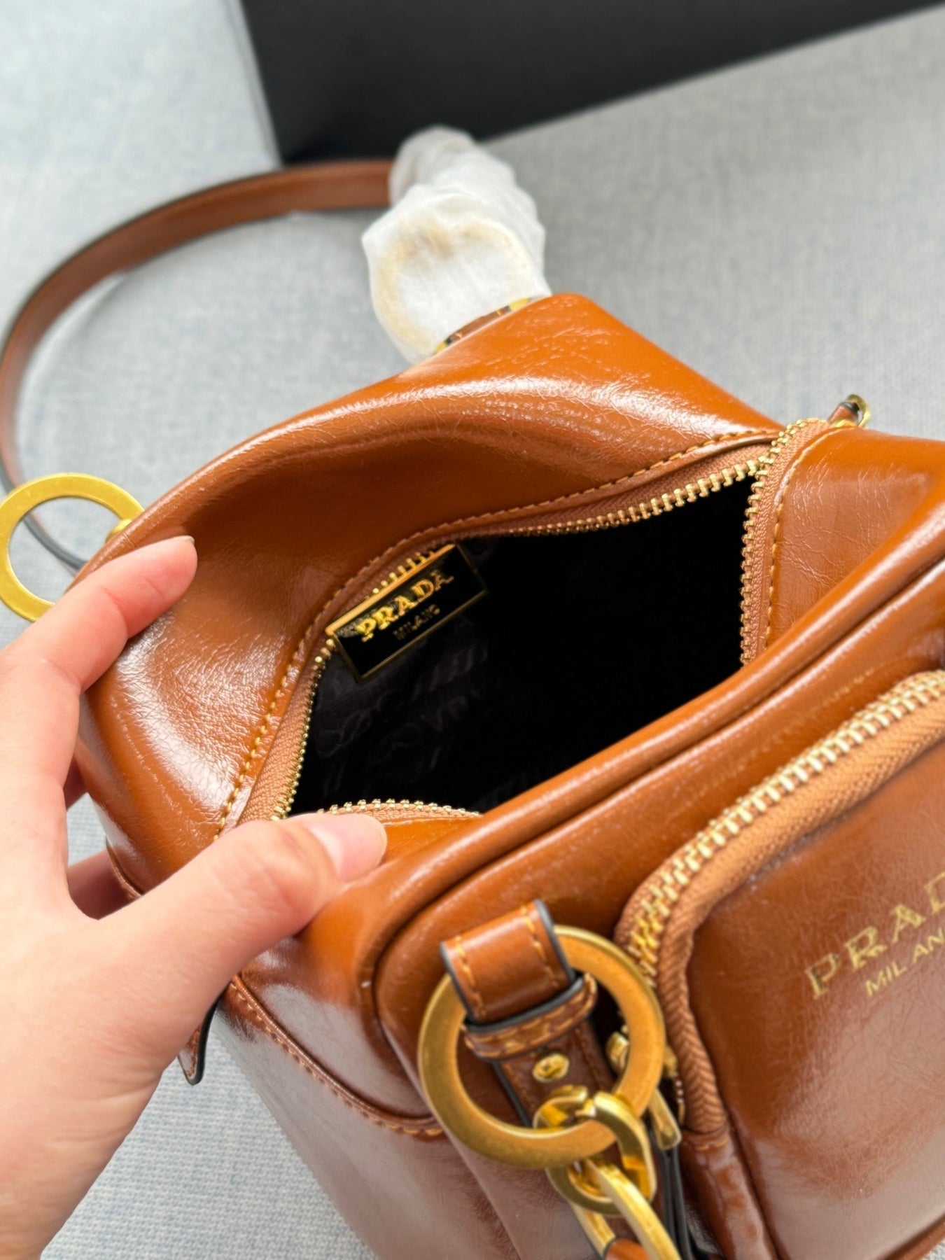 DANGLE TOP HANDLE MINI BAG 15 IN BROWN PATENT CALFSKIN