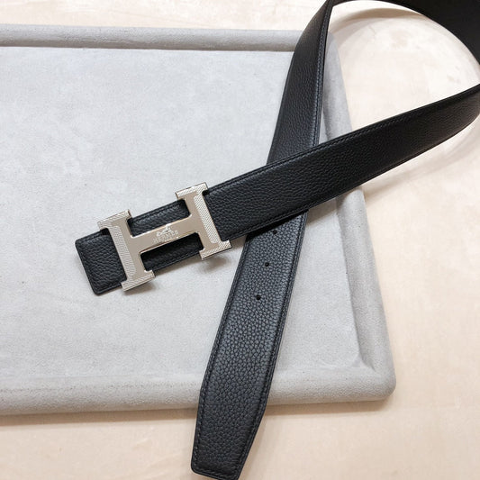 HM H D'ANCRE BELT BUCKLE & REVERSIBLE BLACK LEATHER STRAP 38 MM SILVER HARDWARE