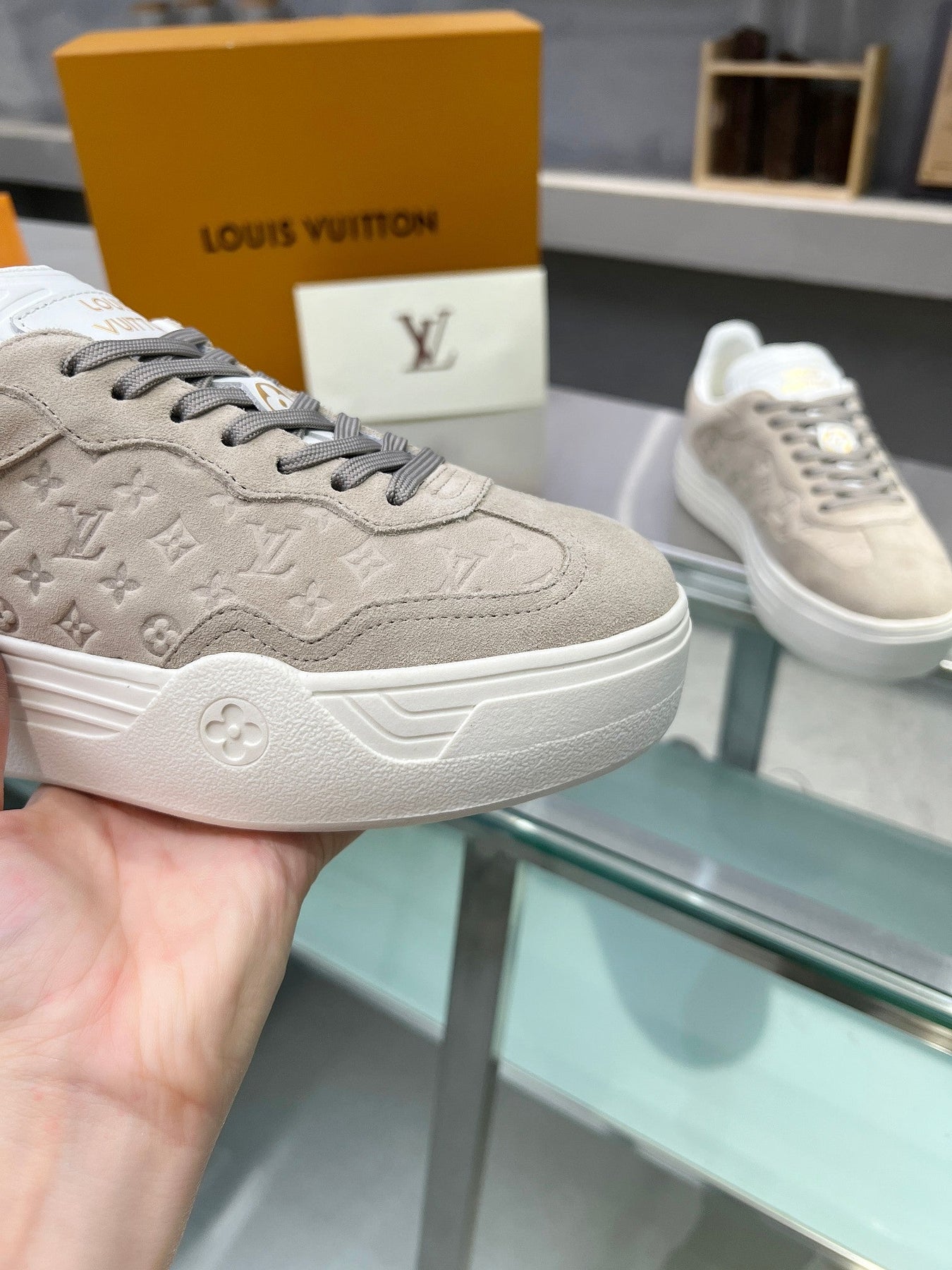 LV WOMEN GROOVY PLATFORM IN CAMEL BROWN EMBOSSED SUEDE