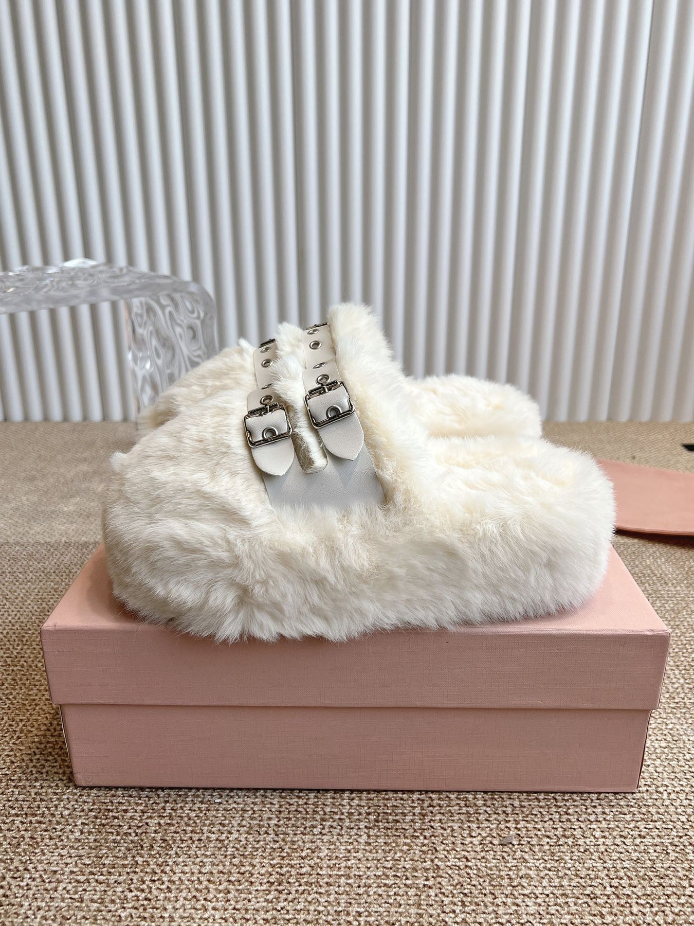 MULES IN WHITE RABBIT FUR SILVER HARDWARE