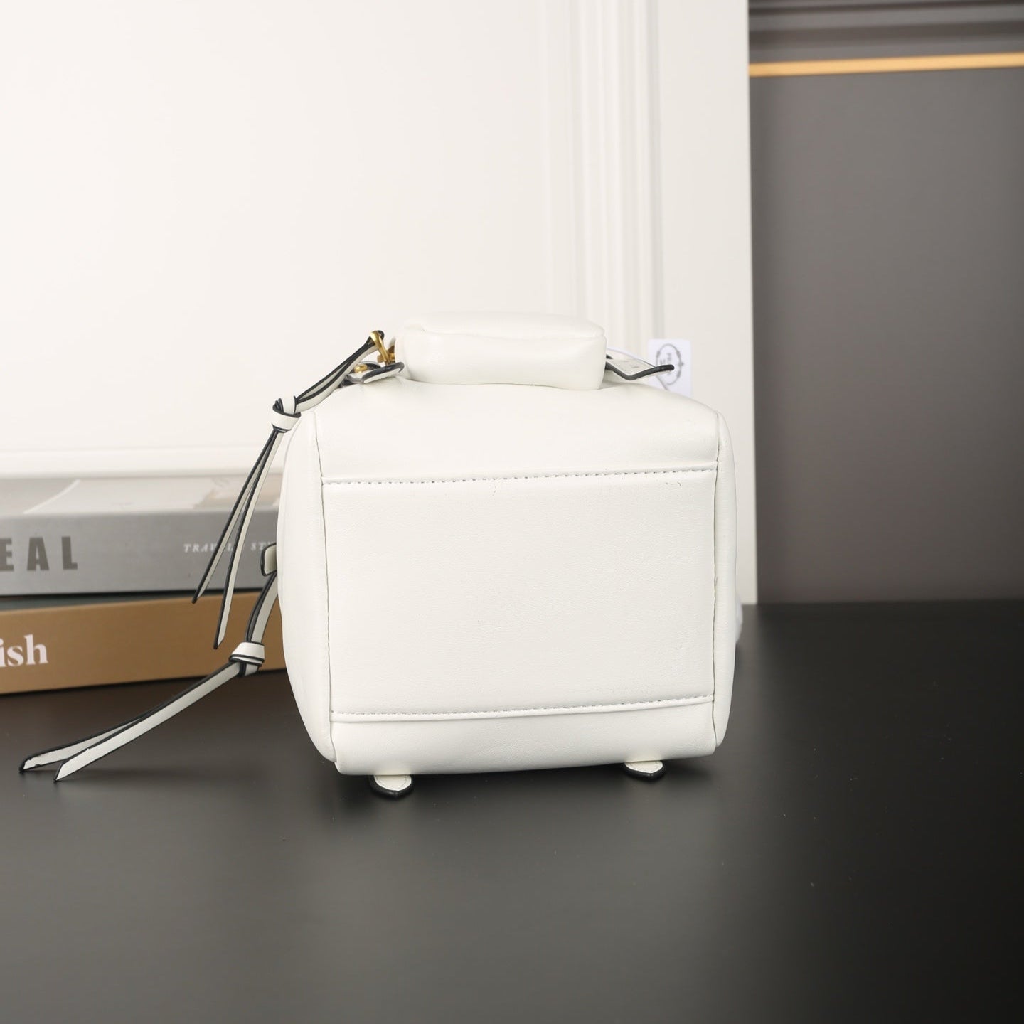 DANGLE TOP HANDLE MINI BAG 15 IN WHITE SHINY CALFSKIN