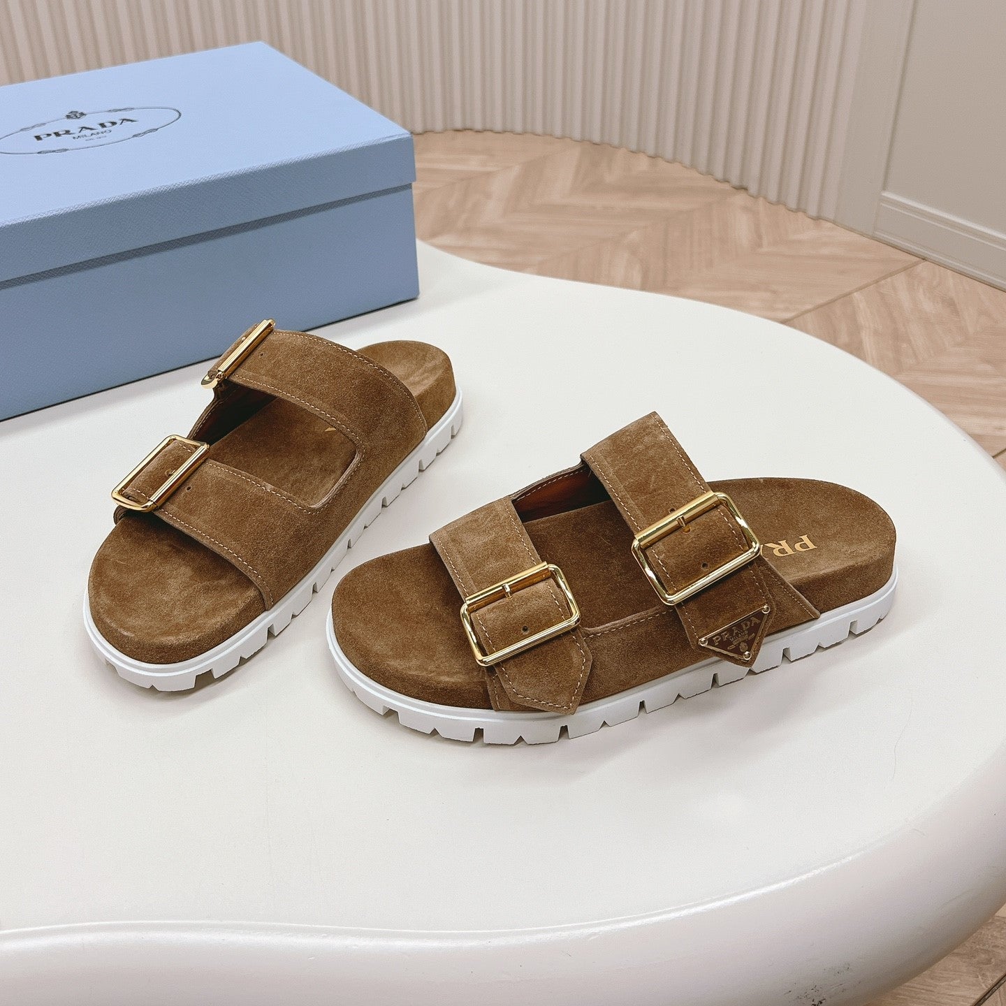 Double Buckle Strap Slides 20 Brown Suede