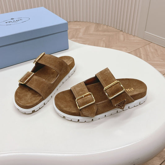 Double Buckle Strap Slides 20 Brown Suede