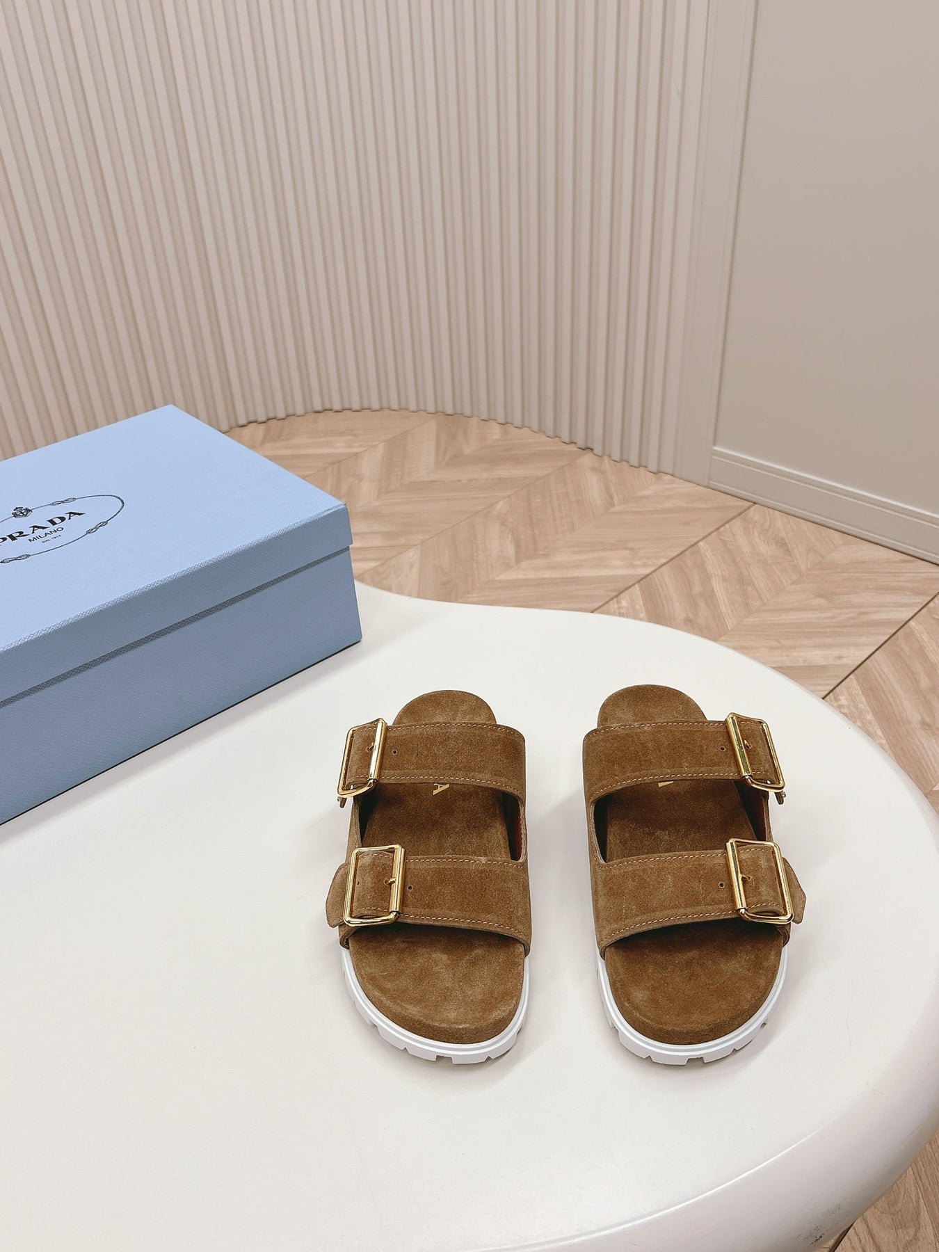 Double Buckle Strap Slides 20 Brown Suede