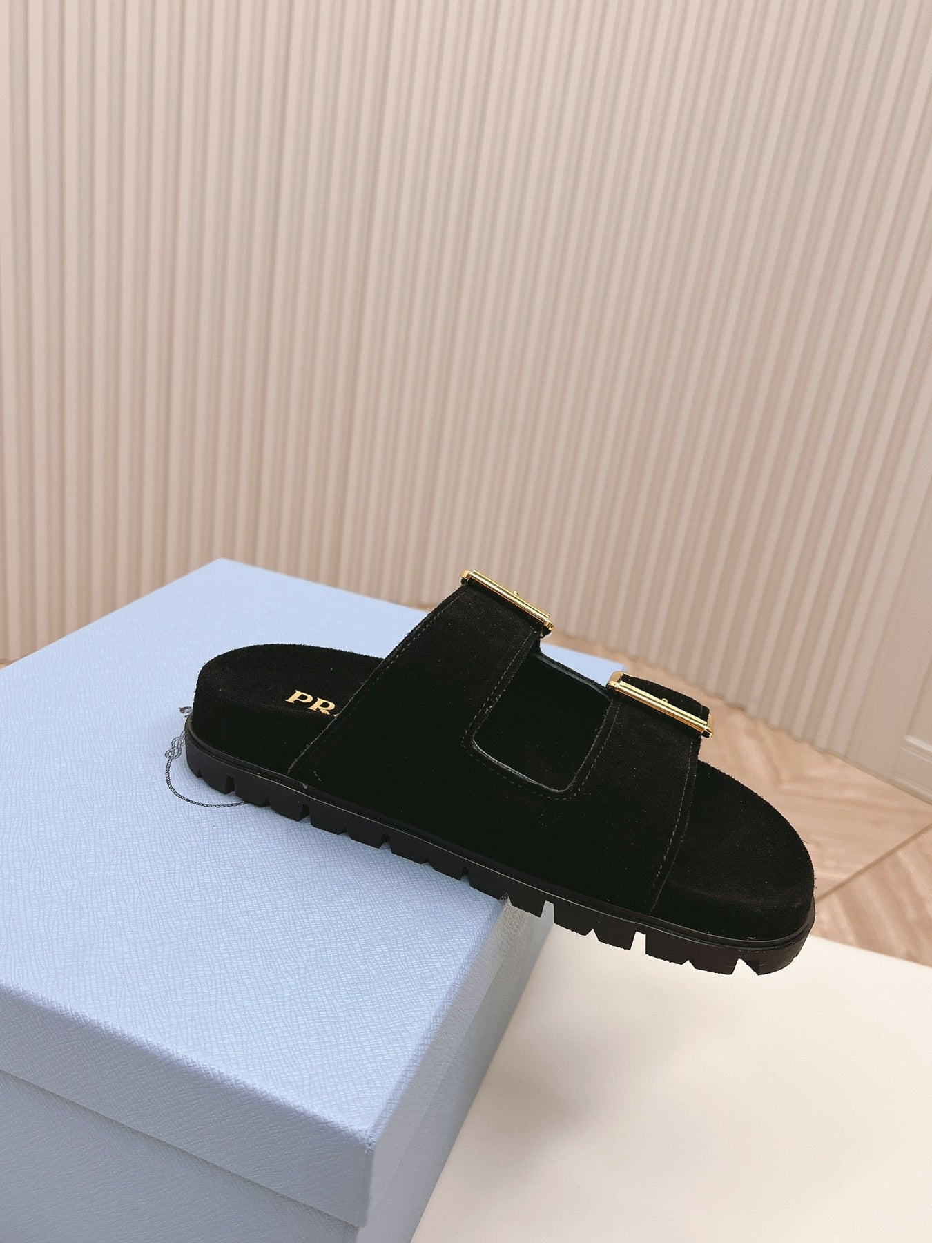 Double Buckle Strap Slides 20 Black Suede