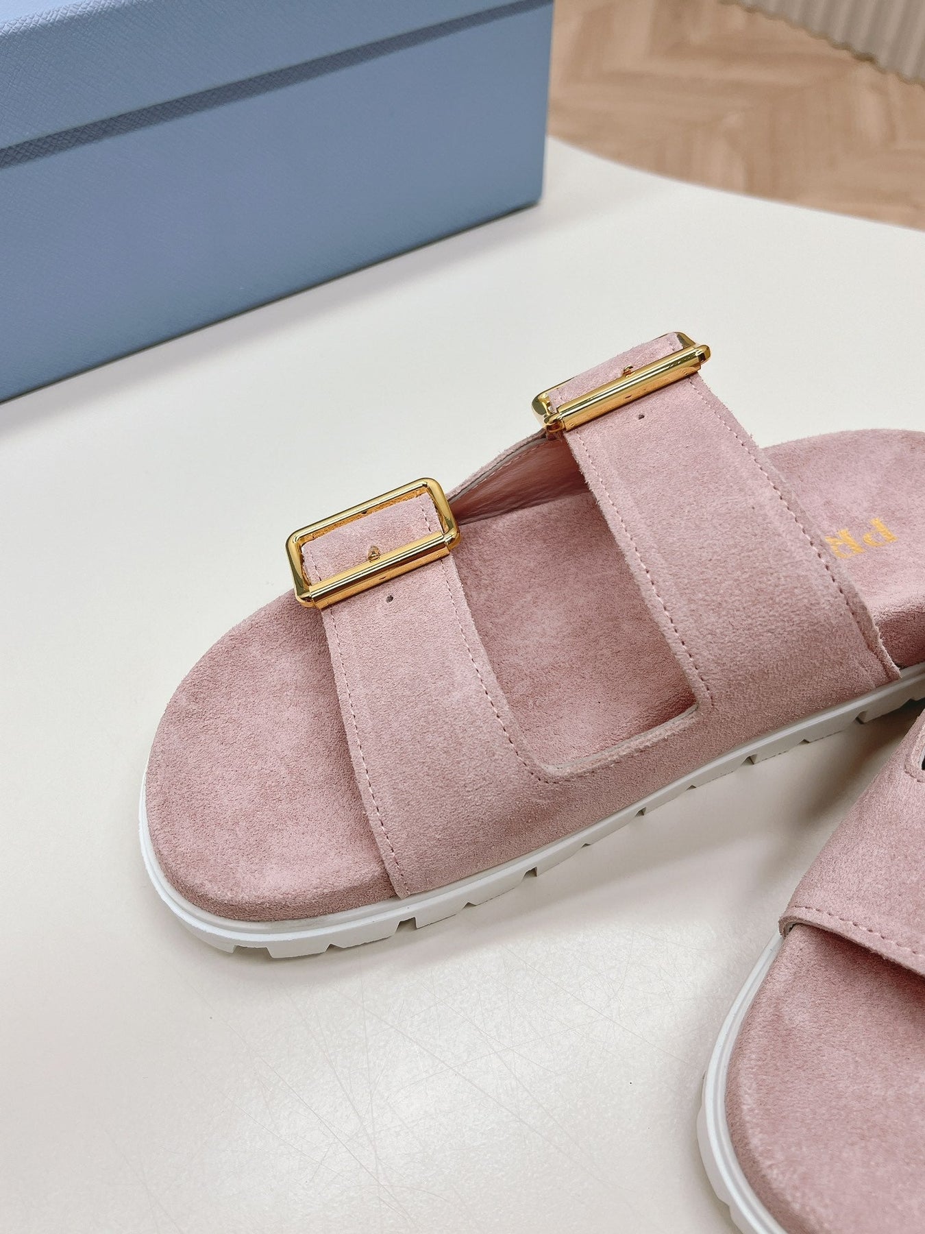 Double Buckle Strap Slides 20 Pink Suede