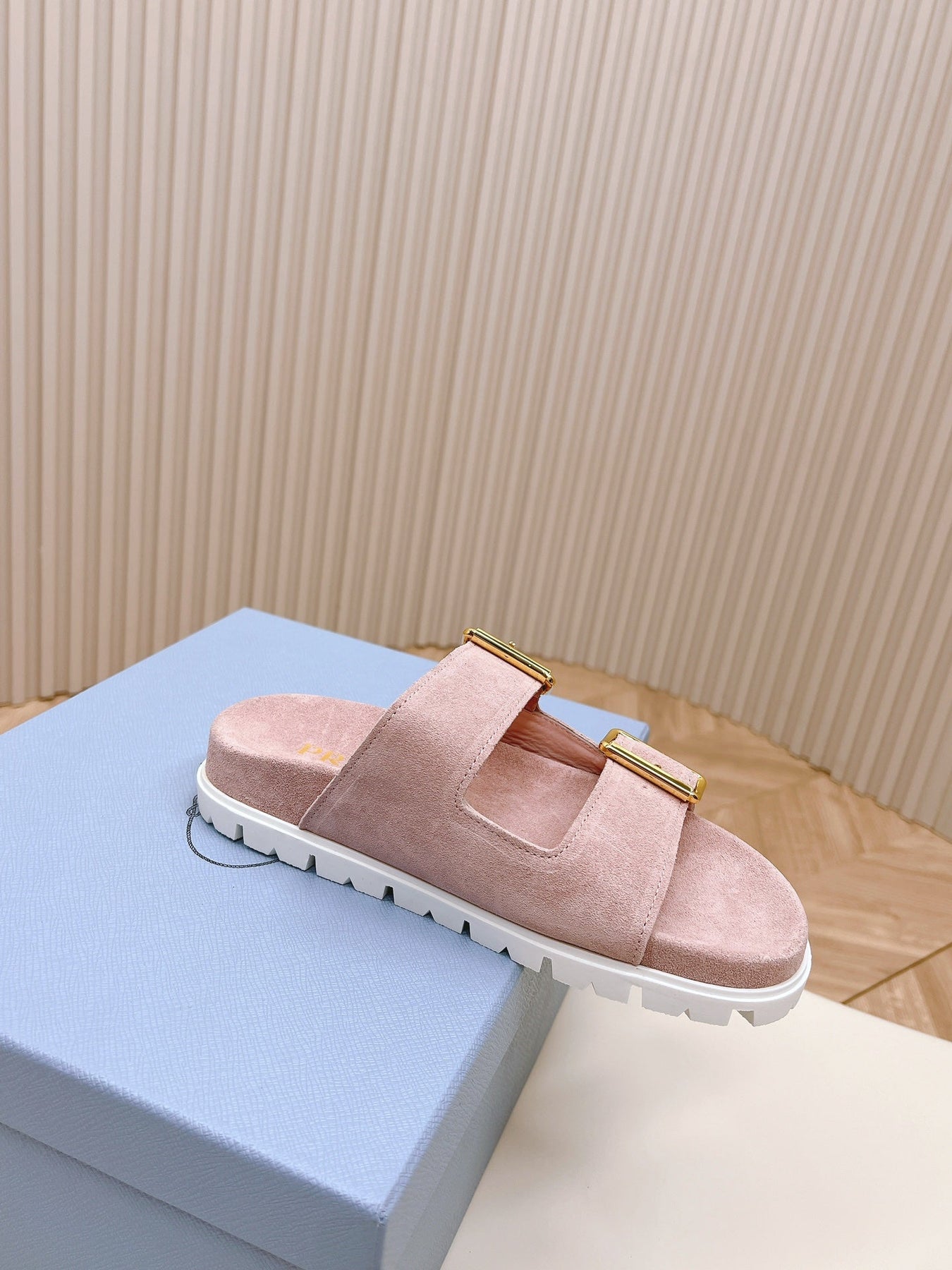 Double Buckle Strap Slides 20 Pink Suede