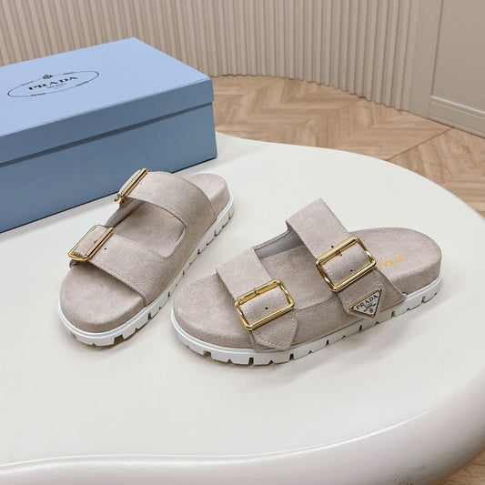 Double Buckle Strap Slides 20 Light Grey Suede