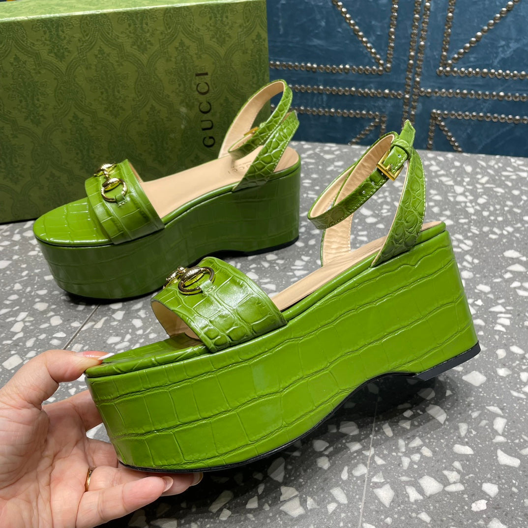 GG HORSEBIT FLATFORM SANDAL GREEN CALFSKIN