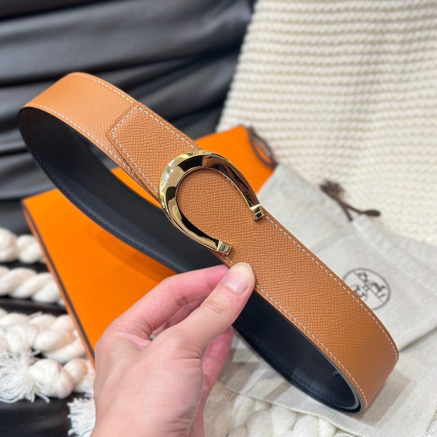 HM LUCK BELT GOLD BUCKLE & REVERSIBLE DARK ORANGE LEATHER STRAP 38MM